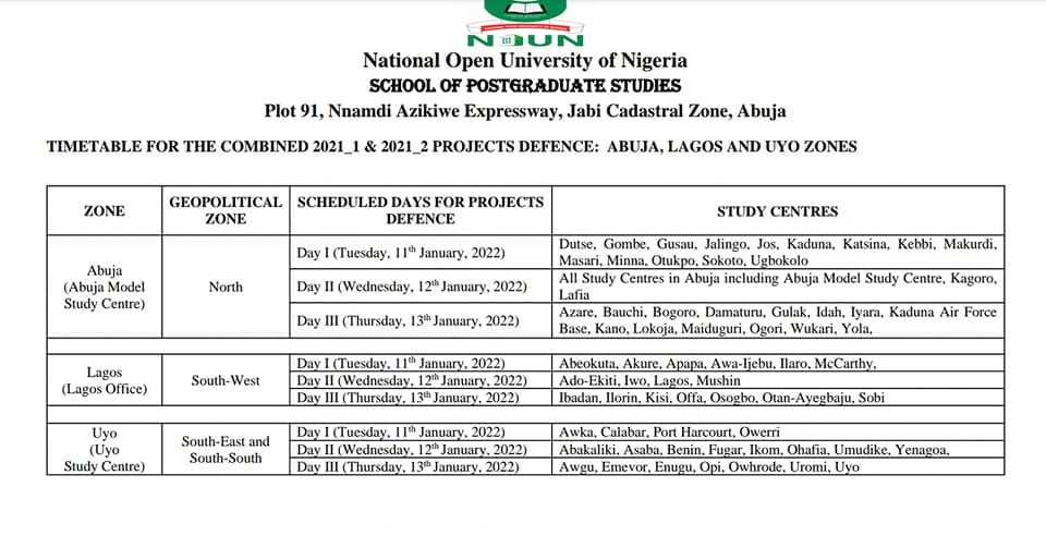 NOUN POSTGRADUATE PROJECT DEFENCE timetable 1