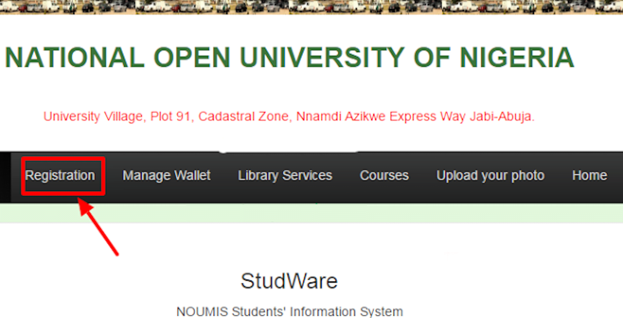 At the nouonline portal menu click on registration